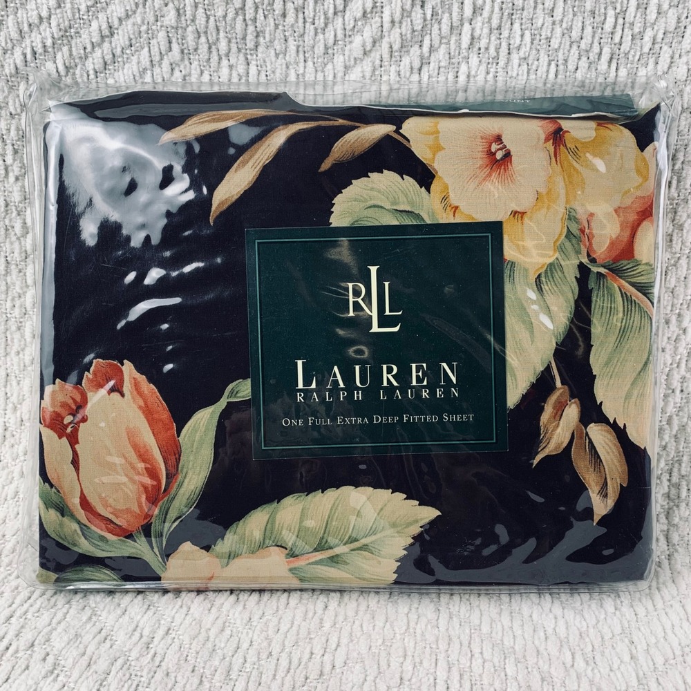 Ralph Lauren Fitted Sheet‎ Full Black Charleston Floral Deep 100% Cotton Vintage